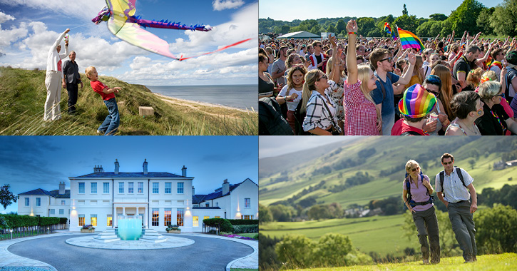 family flying kite at seaside, crowd at Durham Pride event, Seaham Hall Hotel and couple walking in Durham Dales